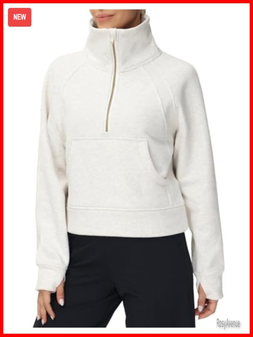 Fleece Lined Half Zip Crop Sweatshirt with Thumb Holes and Kangaroo Pockets